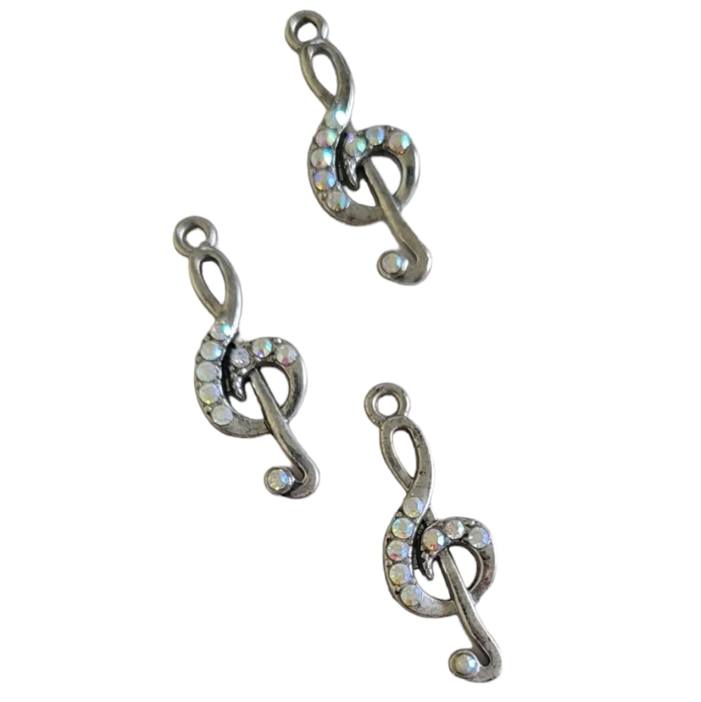 3pc Antique Silver Treble Clef Rhinestone Charms for Jewelry Making